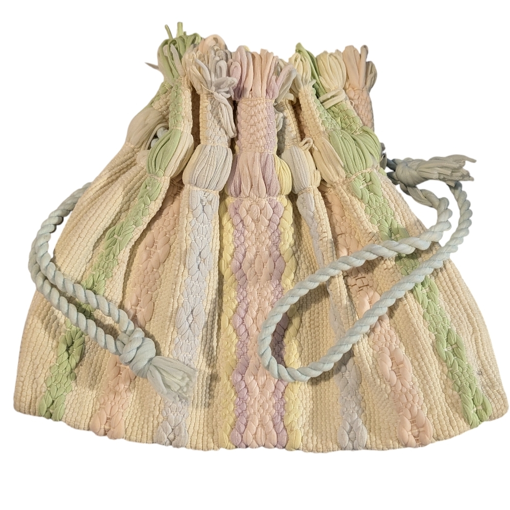 vintage Potli satchel Purse Pastel Striped Drawstring Woven Rare Boho